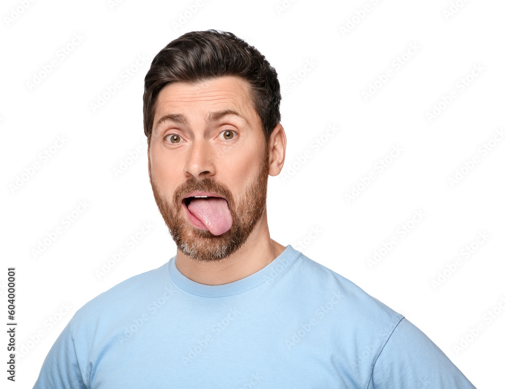 Man showing his tongue on white background Man showing his tongue on white background
