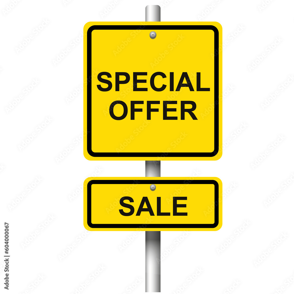 Yellow road signpost with words Special Offer, Sale on white background