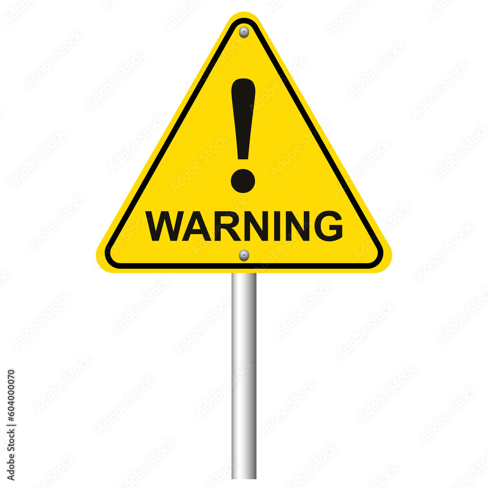 Yellow road sign with word Warning and exclamation mark on white background Yellow road sign with word Warning and exclamation mark on white background