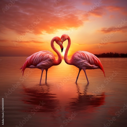 two loving flamingos in the sunset making a heart .Generative AI