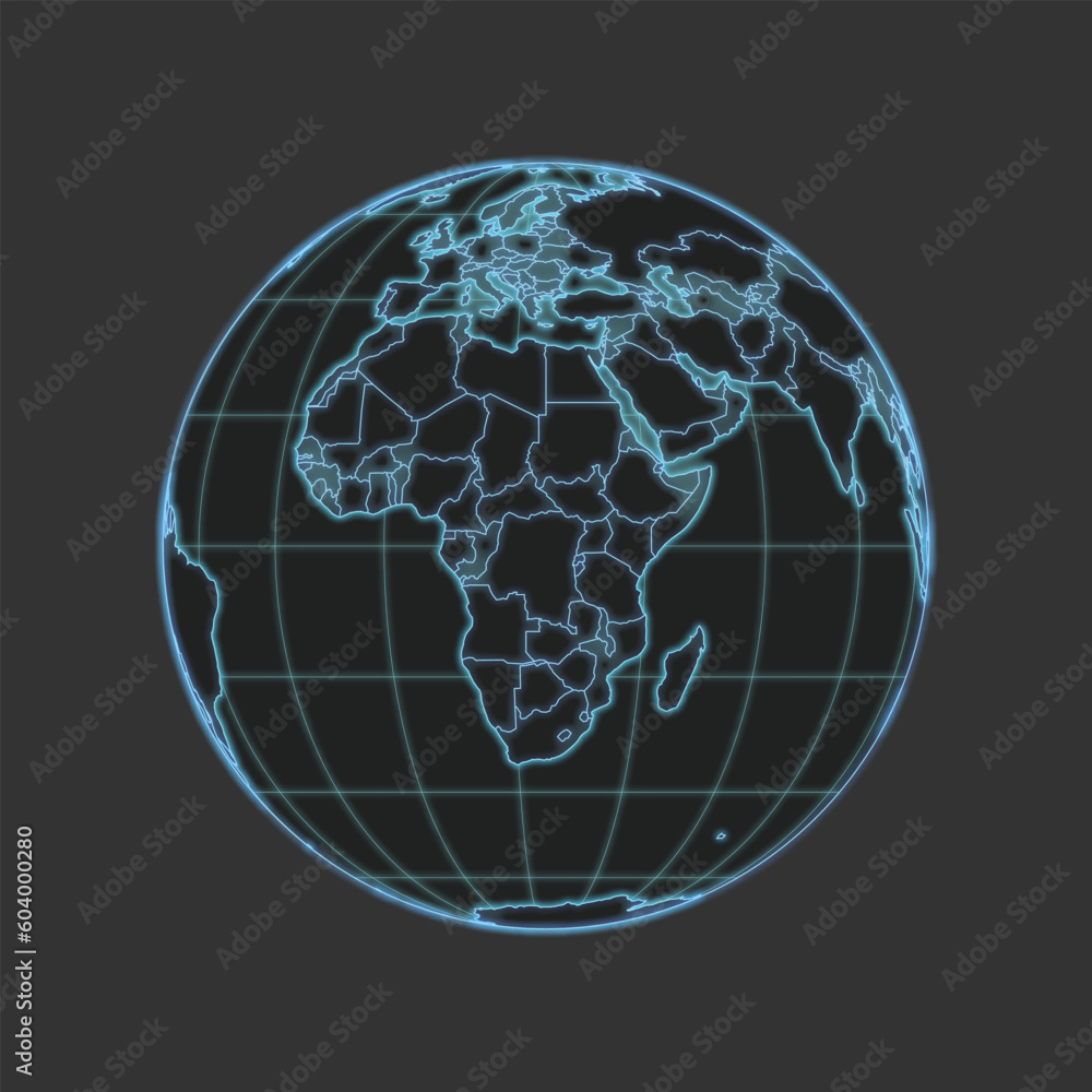 High quality vector World/Africa Map - globe in grey & blue colors. Isolated detailed editable illustration with countries & graticules on dark grey background with neon lighting effects. High quality vector World/Africa Map - globe in grey & blue colors. Isolated detailed editable illustration with countries & graticules on dark grey background with neon lighting effects.
