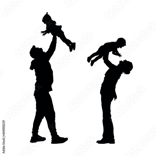 Parents mother and father lifting child up above head vector silhouette.
