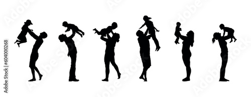 Father and mother have fun playful lifting their baby child and kids up in the air silhouette set collection.
