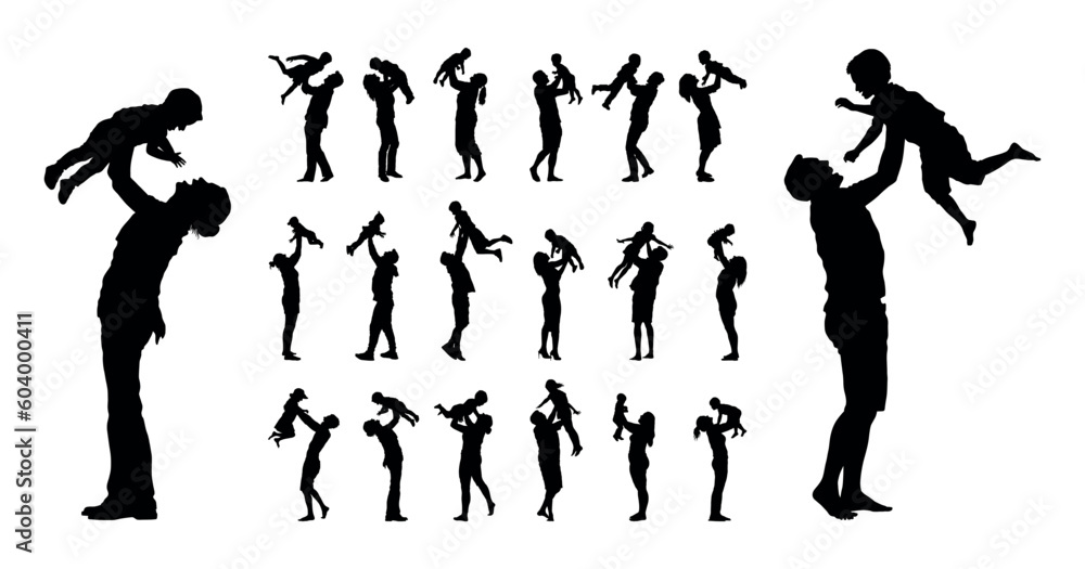 Family playing together with children. Mom and dad lifting baby kids upvector illustration silhouette set collection. Family playing together with children. Mom and dad lifting baby kids upvector illustration silhouette set collection.