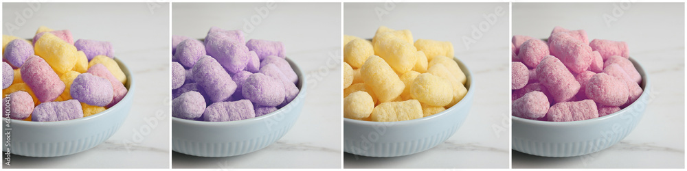 Collage of bowls with colorful corn puffs on white marble table
