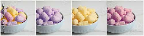 Collage of bowls with colorful corn puffs on white marble table