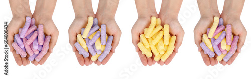 Photos of woman with colorful corn puffs on white background, top view. Collage design