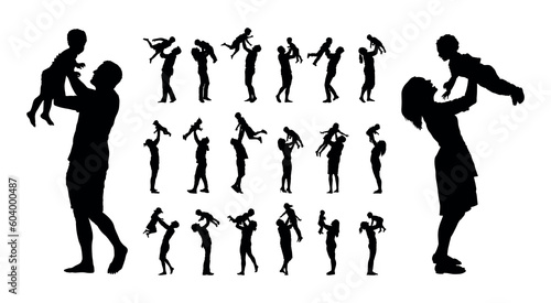 Family mom and dad walking and playing together with kids silhouettes set collection. Parents holding picking up children vector silhouettes.