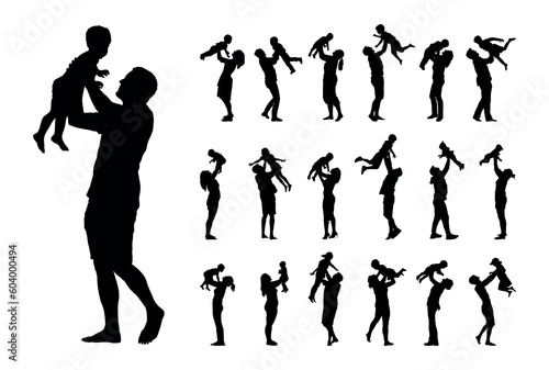 Silhouette set of parents playing and lifting children up vector illustration.