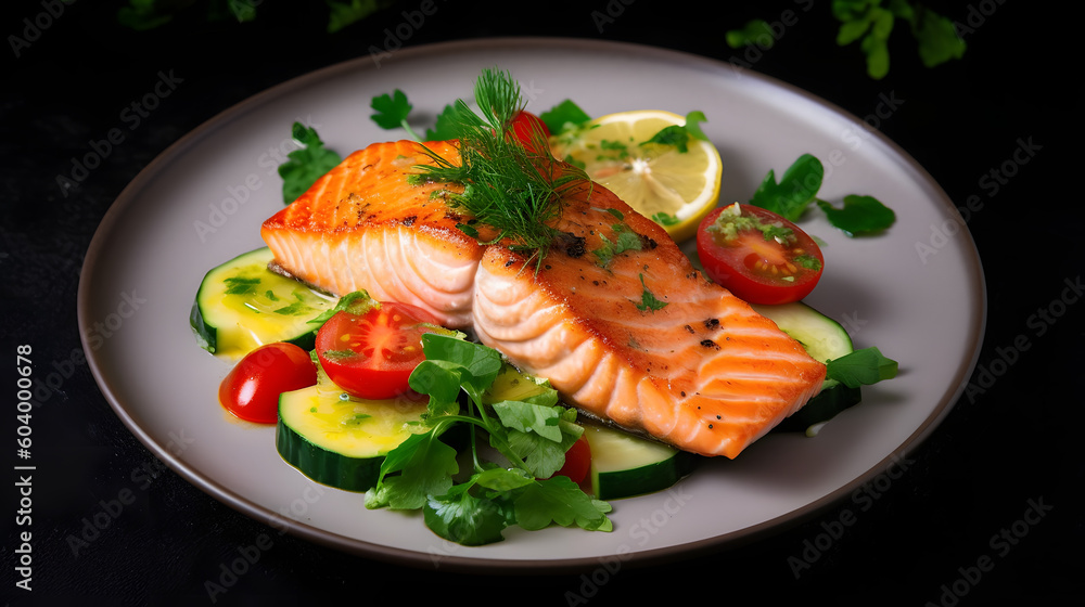 Salmon fillet with vegetable salad of avocado, tomatoes and parsley. Salmon fillet with vegetable salad of avocado, tomatoes and parsley.