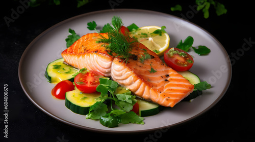Salmon fillet with vegetable salad of avocado, tomatoes and parsley.