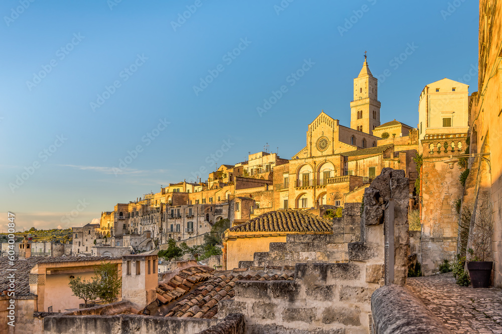 Scenic view of the city of  Matera in Italy in warm yellow sunset light