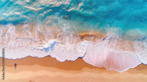 Aerial top down view of ocean waves on the beach