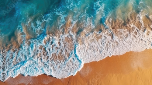 Aerial top down view of ocean waves on the beach