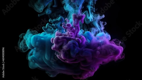 Abstract background with colourful smoke waves in purple and blue colors. Acrylic or watercolor paint drop in water effect at dark backdrop. Horizontal illustration for banner design. Generative AI.