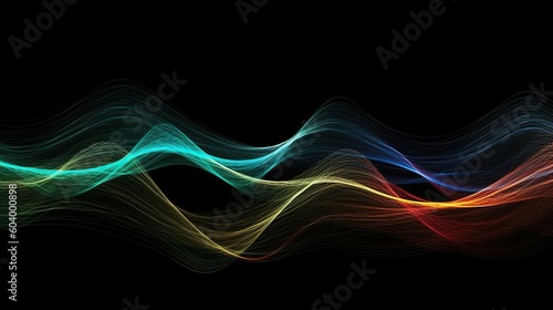 Abstract background with colorful wavy lines flowing. Waveform effect for audio, volume or equalizer vibration template at dark backdrop. Horizontal illustration for banner design. Generative AI.