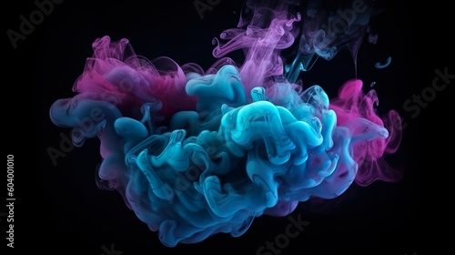Abstract background with smoke waves cloud in purple and blue colors. Acrylic drop in water, paint flowing underwater effect at dark backdrop. Horizontal illustration for banner design. Generative AI.