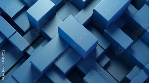 Abstract background with dark blue structure of 3d cubes mosaic in closeup view. Minimal geometric wallpaper with blocks effect construction. Horizontal illustration for banner design. Generative AI.