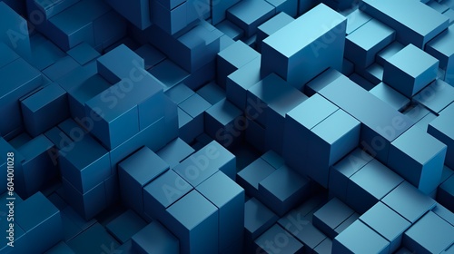Abstract background with dark blue structure of 3d cubes or blocks pattern. Minimal wallpaper with geometric shapes architecture composition. Horizontal illustration for banner design. Generative AI.