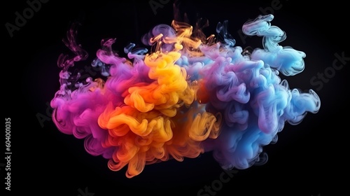 Abstract background with smoke waves cloud mix colors at dark backdrop. Acrylic drop in water and rainbow ink swirling underwater effect. Horizontal illustration for banner design. Generative AI.