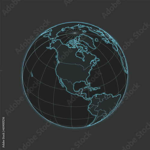 High quality vector World/America Map - globe in grey & blue colors. Isolated detailed editable illustration with countries & graticules on dark grey background with neon lighting effects.