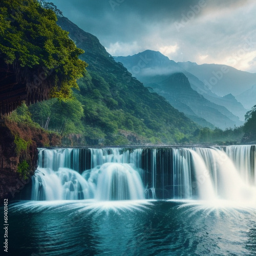 Portrait illustration of a waterfall cascade on a river with a green landscape and beautiful trees 
