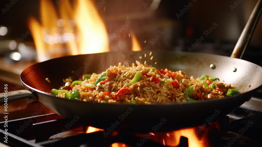 Chef flips and tosses fried rice in stainless wok over flaming fire in restaurant kitchen