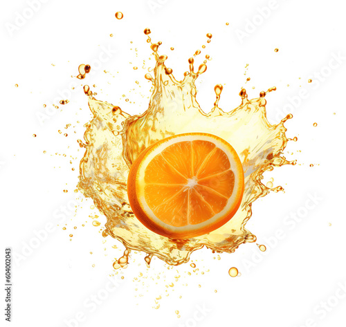 a fresh, ripe orange with dynamic orange juice splash explosion on transparent background