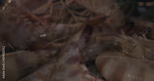 fresh prawns in box inside a village market and with laowa optics in the foreground in motion
