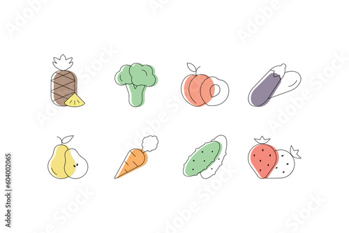Set of outline fruits and vegetables icons. Pear, pineapple, broccoli, strawberry, cucumber, carrot. peach. Vector illustration collection for nutritionist. Healthy food concept.