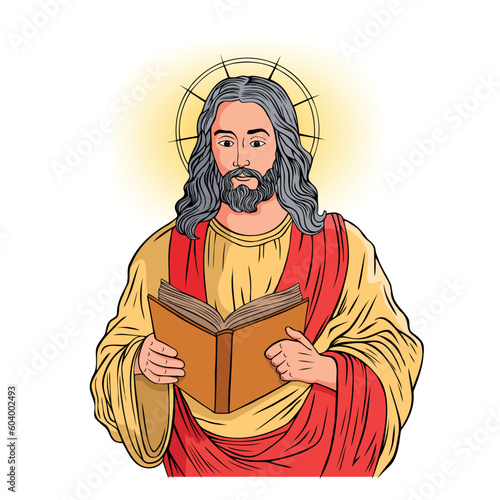 Cartoon illustration of Jesus Christ teaching and holding the bible
