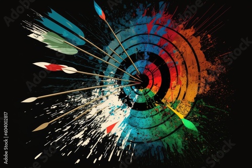 Arrows hit a multicolored target from which spray paint in different directions
