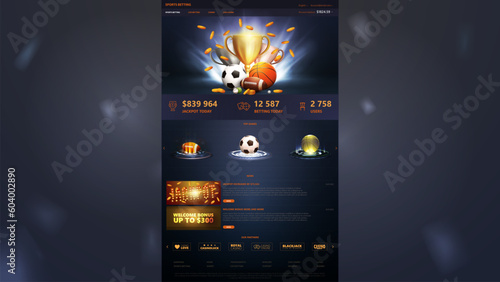 Sports betting, dark and blue template of website with web banners and sports elements