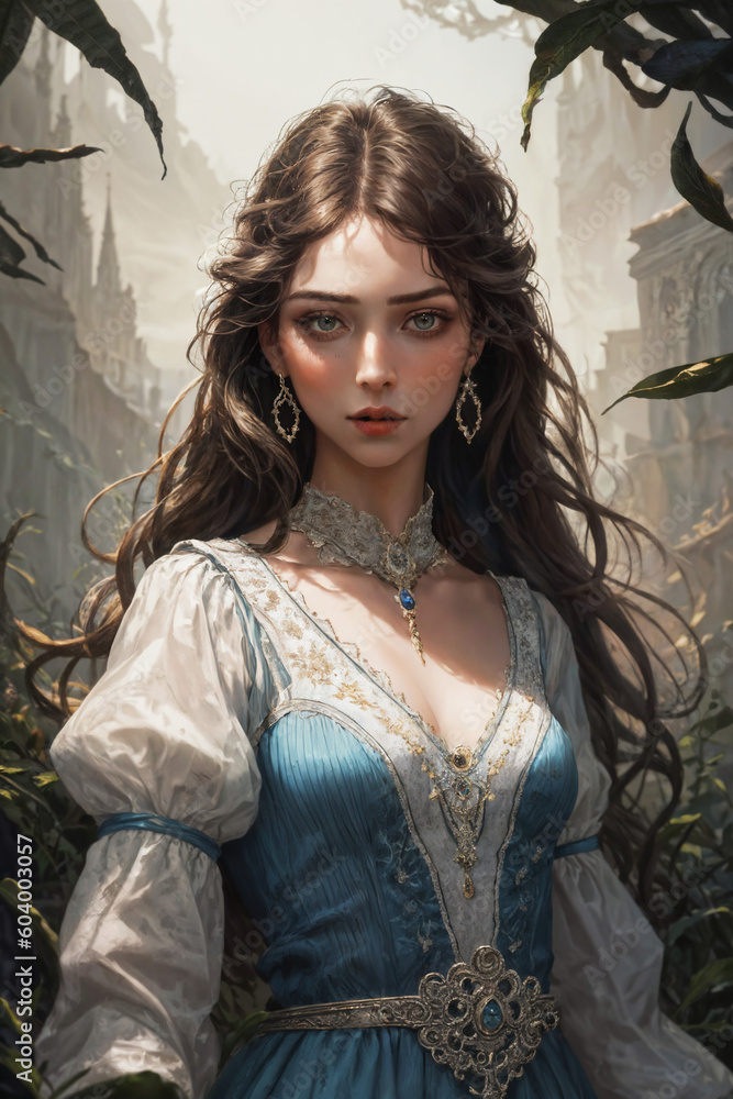 Fototapeta premium A portrait of a pretty young girl dressed as Alice in Wonderland. Generative AI.