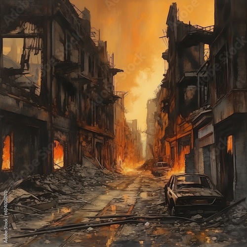 Desolate City Street After Fire. AI