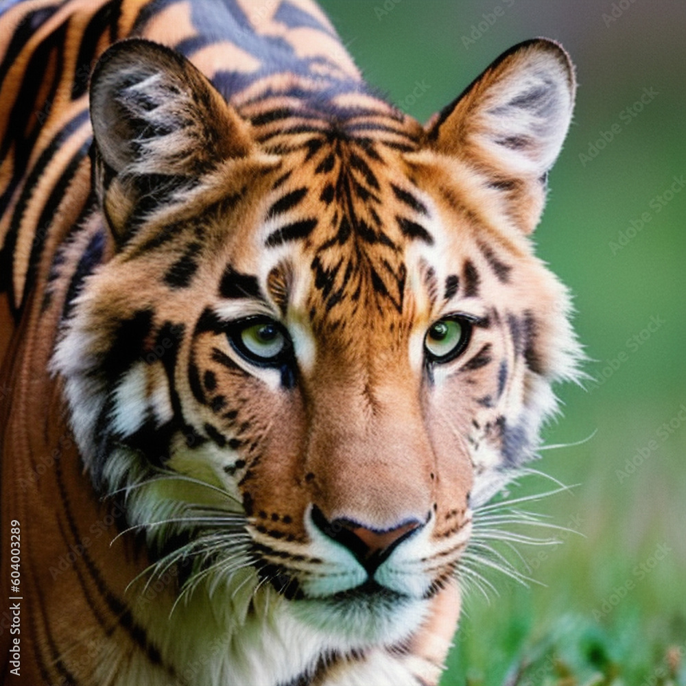 Fototapeta premium Big head portrait of a wild predator tiger with stripes in nature