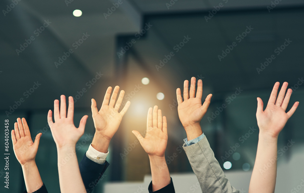 Palm, hands and group of business people with question for feedback in presentation, workshop and tradeshow. Corporate office, audience and workers raising hand for seminar, meeting and conference