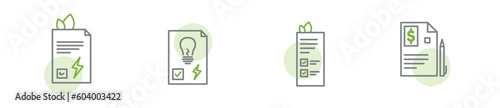 Green energy contract modern line icon set, electricity grant concept, energy saving icons, home tax bill emblems, sustainable living symbols isolated on white background