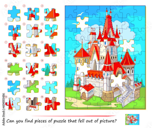 Logic game for children and adults. Can you find pieces of puzzle that fell out of picture? Page for kids brain teaser book. Task for attentiveness. Developing spatial thinking. Play online.