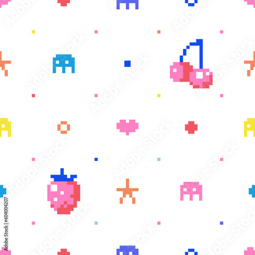 Vector Abstract Pixel Art Seamless Pattern Background. Repeat Texture Template With 8bit Video Game Elements, Hearts, Berries, Cherries, Monsters and Abstract Shapes.  © Takoyaki Shop