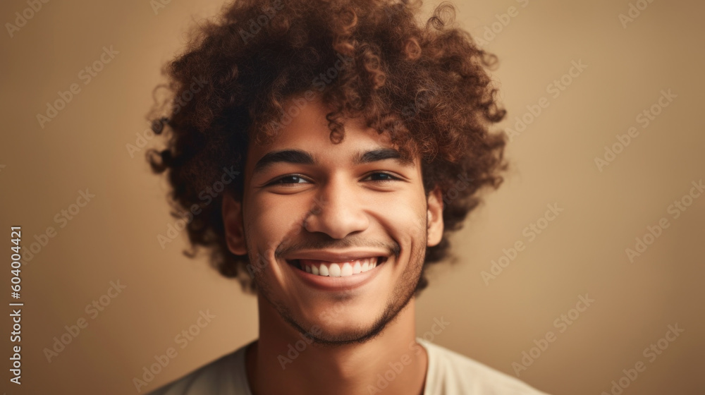 A joyful young man flashes a radiant toothy smile against a studio backdrop. Generative AI