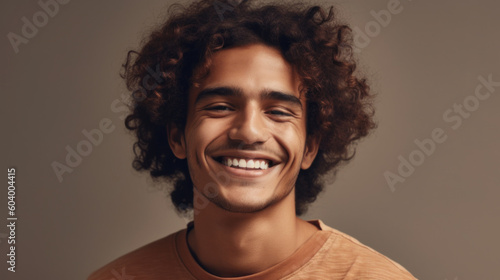 A joyful young man flashes a radiant toothy smile against a studio backdrop. Generative AI