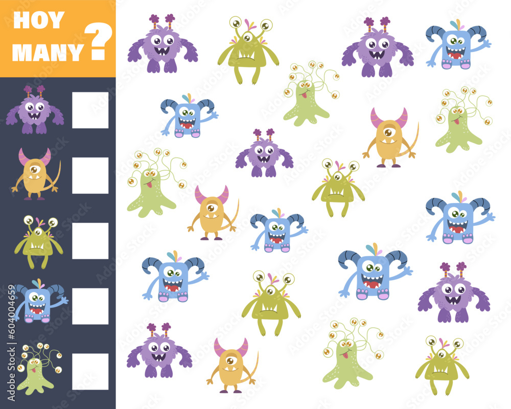 Fototapeta premium Counting game for preschool children. Educational math game. Count how many monsters there are