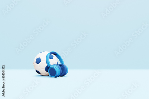 Soccer ball wearing in headphones on blue background.3d render
