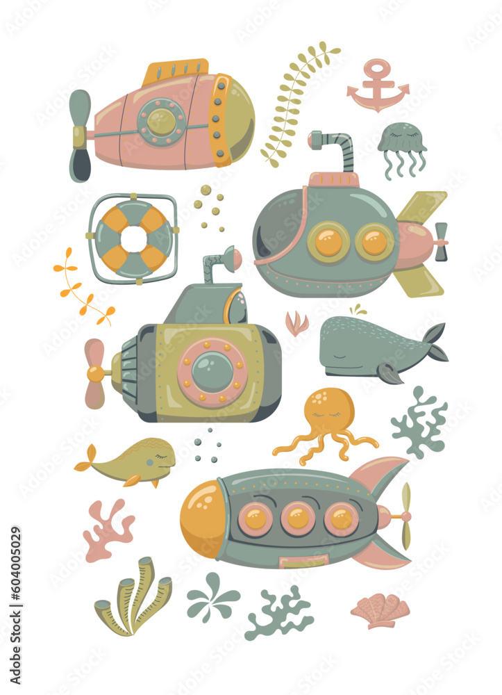 Obraz premium Submarines and marine inhabitants. Coloring. Designed for printing, fabrics, textiles, postcards. Marine print. Submarine. Vector illustration