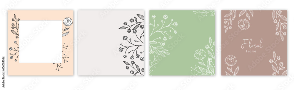 Floral background templates with minimal line drawings flowers in pink pastel colors. Vector frame for social media post and story, card, cover, wedding invitation, poster, packaging, corporate design