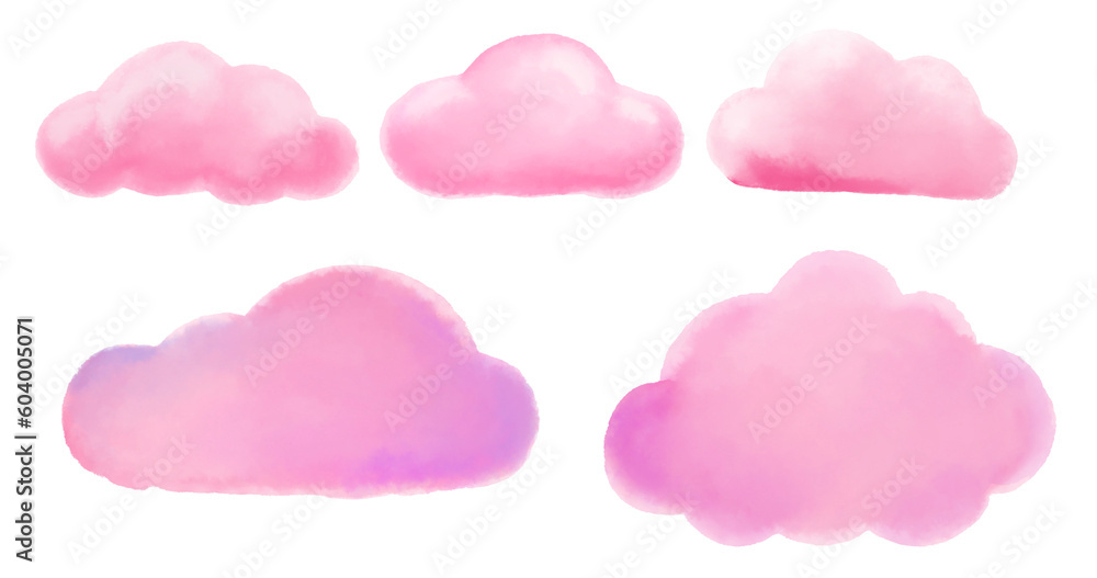 Set of colorful pink pastel cloud isolated on white backgrounds