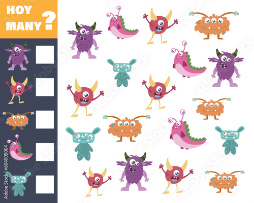 Counting game for preschool children. Educational math game. Count how many monsters there are
