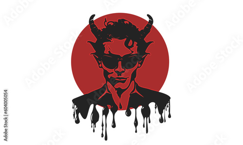 Vector ink black dripping horned graphic satan or devil with glasses on a red circle background. White isolated background.