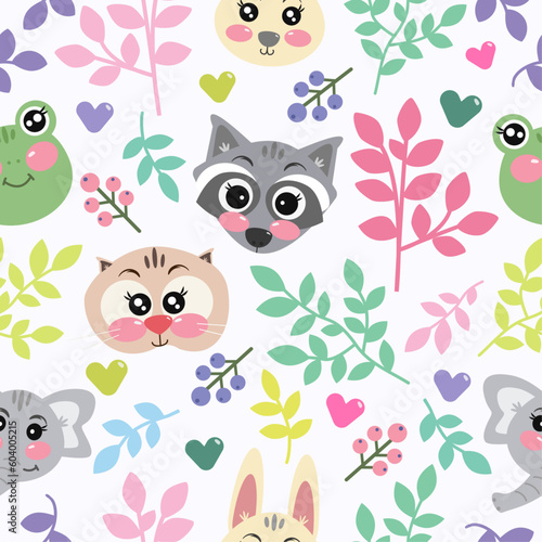 kawaii seamless pattern with forest cutie animals on white background for nursery